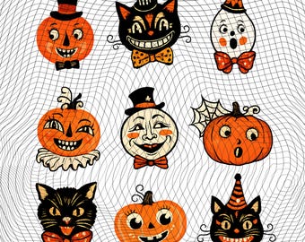 Könnte beinhalten: Eine Sammlung von neun Halloween-Aufklebern im Vintage-Stil mit orangefarbenen Kürbissen, schwarzen Katzen und einem weißen Geist. Jede Figur trägt festliche Accessoires wie Zylinder, Fliegen und Partyhüte auf einem weißen Gitterhintergrund.