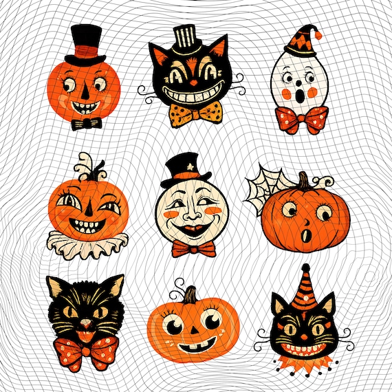Retro Halloween Clipart: 18 PNGs 1950s Pumpkins, Cats, Ghosts Fussy Cuts (Digital Download)