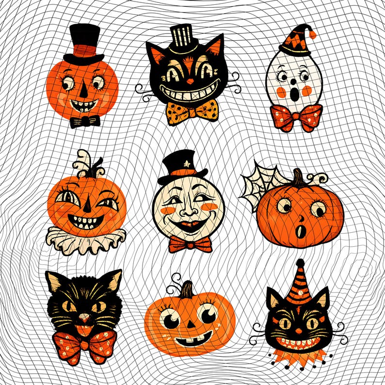 May include: A collection of nine vintage-style Halloween stickers featuring orange pumpkins, black cats, and a white ghost. Each character wears festive accessories like top hats, bow ties, and party hats, all set against a white grid background.