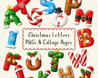 Kerstalfabet PNG's, feestelijke vakantieletters, printbare clipart (digitale download)