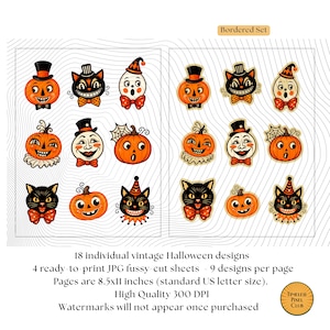 May include: A digital collection of 18 vintage Halloween designs featuring orange pumpkins, black cats, and ghosts with bow ties and hats. The set includes 4 ready-to-print JPG sheets, each 8.5x11 inches, with 9 designs per page at 300 DPI.