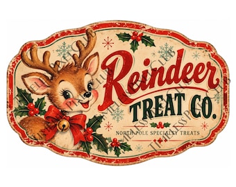Printbaar vintage kerstetiket van Reindeer Treat Co., retro kerstpot- of bliketiket, digitale download in vintage-stijl.
