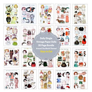 May include: A collection of 35 pages of Dolly Dingle vintage paper dolls featuring various outfits and accessories. The central gray circular badge displays the text Dolly Dingle Vintage Paper Dolls 35 Page Bundle Around The World Themed Easy to Cut.