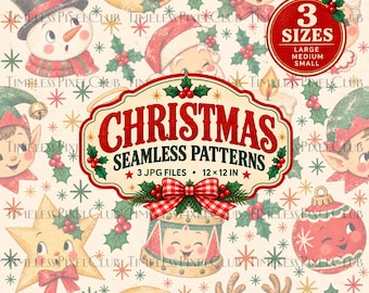 Vintage Christmas Seamless Patterns, 3 Retro Christmas Digital Papers, Santa Snowman Reindeer, 12x12 Holiday Scrapbook Paper, Fabric Design