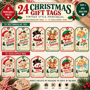 May include: A digital collection of 24 printable Christmas gift tags featuring vintage-style illustrations of Santa, Mrs. Claus, a snowman, a reindeer, an elf, and an angel. The set includes 12 rectangular and 12 scalloped tags with text.