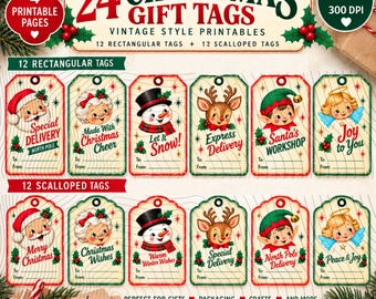 Vintage kerstcadeaulabels, 24 retro feestetiketten (printbare pagina's)