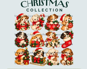 Vintage kerstpuppy clipart, 12 retro kersthonden PNG's, uitgesneden afbeeldingen