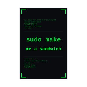 Funny linux programmer poster, sudo make me a sandwich terminal wall art print, sysadmin hacker gift poster, command line coder office decor image 11