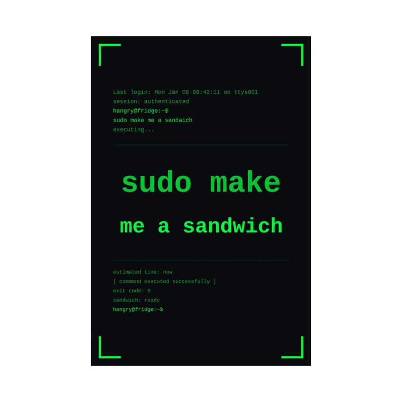 Funny linux programmer poster, sudo make me a sandwich terminal wall art print, sysadmin hacker gift poster, command line coder office decor image 11