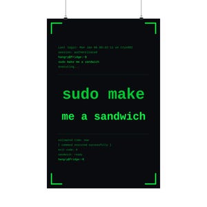 Funny linux programmer poster, sudo make me a sandwich terminal wall art print, sysadmin hacker gift poster, command line coder office decor image 12