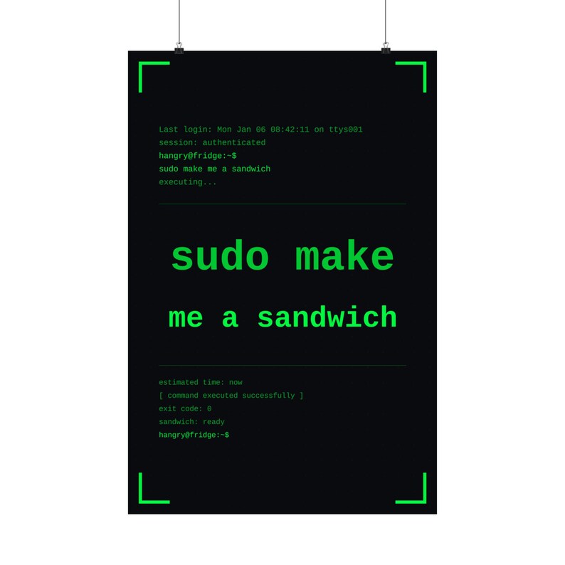 Funny linux programmer poster, sudo make me a sandwich terminal wall art print, sysadmin hacker gift poster, command line coder office decor image 12