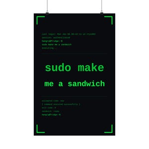 Funny linux programmer poster, sudo make me a sandwich terminal wall art print, sysadmin hacker gift poster, command line coder office decor image 7