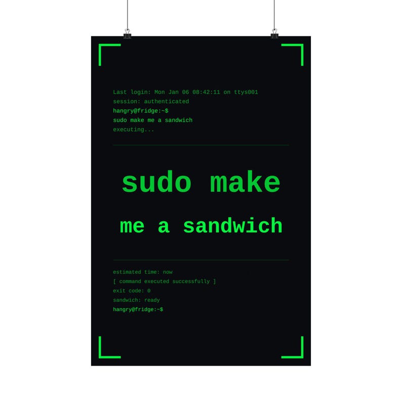 Funny linux programmer poster, sudo make me a sandwich terminal wall art print, sysadmin hacker gift poster, command line coder office decor image 7