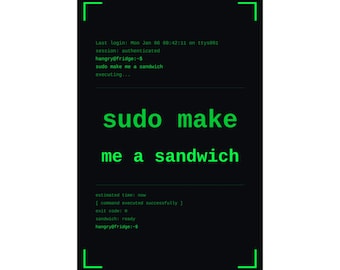 Funny linux programmer poster, sudo make me a sandwich terminal wall art print, sysadmin hacker gift poster, command line coder office decor