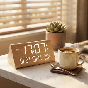 May include: A wooden digital alarm clock displaying the time, date, and temperature. The clock is triangular and sits on a white surface next to a cup of coffee and a small succulent plant. The time reads 5:07 PM, with the date 6/27 and the temperature 30°F.