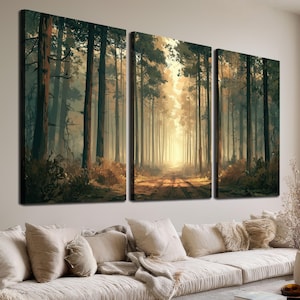 Triptyk med solbelyst skogsstig på canvas, landskap med tallskog, set om 3, rustik naturdekor för vardagsrum, Trw228