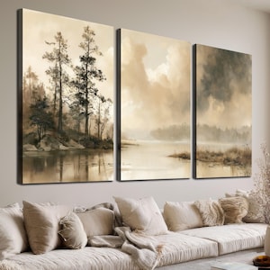 Vintage Sepia Lake Triptyk Canvastavla, Stämningsfull Skogsreflektion Landskap Set om 3, Rustik Naturdekor, Trw224