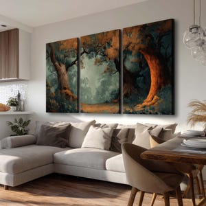Väggkonst med mystisk skog, 3-delad triptyk med höstlandskap för vardagsrum, stor panoramabild av träd på canvas Trw144