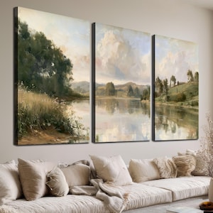 Triptyk med lugnt landskap på canvas, set med 3 rustika naturtryck, salviagrön landsbygdsmålning, bondgårdspanorama med skog Trw216