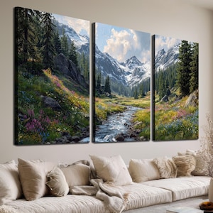 Triptyk med alpint berg på canvas, landskap med vildblommande äng, rustik naturdekor, panoramautsikt över skogen, Trw219