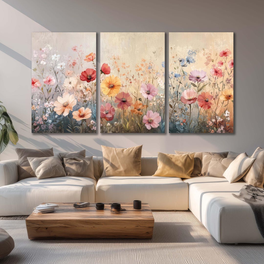 Wildflower Canvas Wall Art 3 Piece Floral Pastel Print Triptych, Trw148 ...