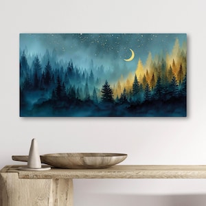 May include: A rectangular canvas print depicts a serene forest scene under a starry night sky. The artwork features a crescent moon and a gradient of colors, from deep blues and greens to golden hues, creating a mystical atmosphere.