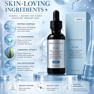May include: A black skincare serum bottle with a dropper, a light blue box, and laboratory glassware. The bottle and box display the text "SkinCeuticals P-Tiox Wrinkle-Modulating Peptide Serum". The image also includes text about the product's ingredients.
