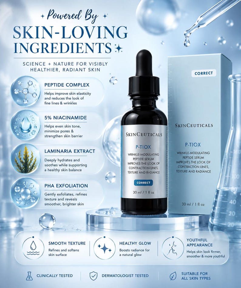 May include: A black skincare serum bottle with a dropper, a light blue box, and laboratory glassware. The bottle and box display the text "SkinCeuticals P-Tiox Wrinkle-Modulating Peptide Serum". The image also includes text about the product's ingredients.