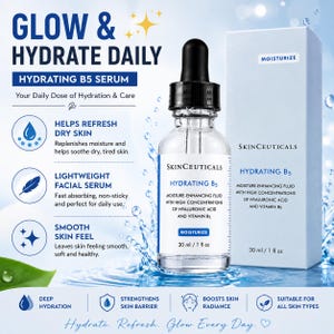 May include: A clear glass bottle of SkinCeuticals Hydrating B5 Serum with a black dropper, next to a white box. The label reads "Hydrating B5" and "Moisture-enhancing fluid". The text "Glow & Hydrate Daily" is at the top.