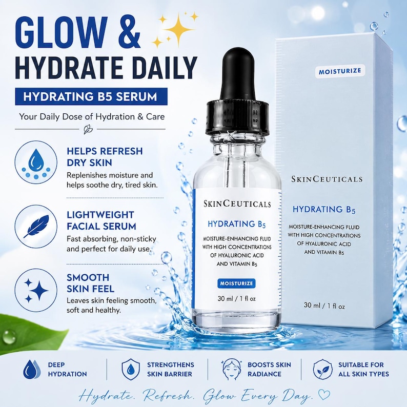 May include: A clear glass bottle of SkinCeuticals Hydrating B5 Serum with a black dropper, next to a white box. The label reads "Hydrating B5" and "Moisture-enhancing fluid". The text "Glow & Hydrate Daily" is at the top.