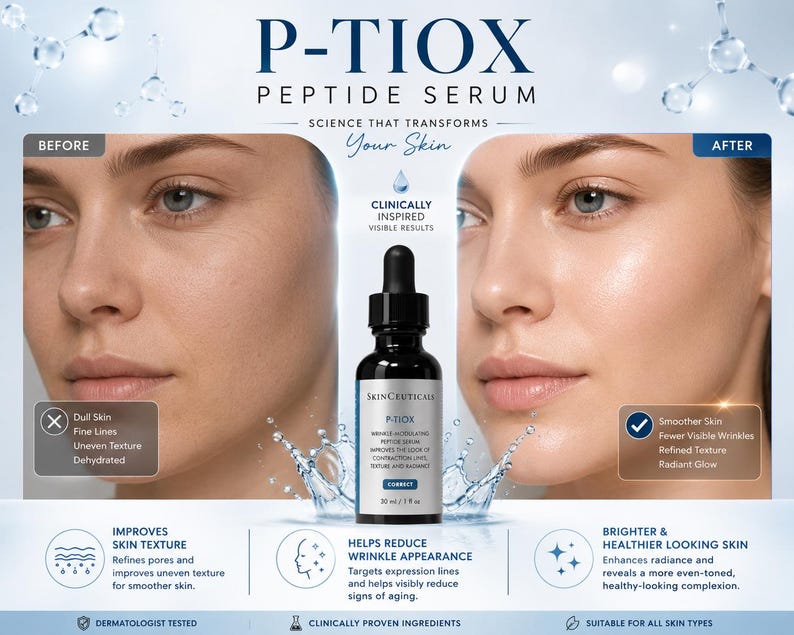 May include: A skincare product advertisement featuring a black bottle of P-TIOX Peptide Serum. The image shows before and after photos of a woman's face, highlighting improvements in skin texture and reduction of wrinkles. The text includes "Clinically Inspired Visible Results."