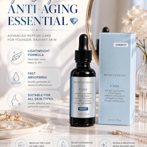 May include: A black skincare serum bottle with a dropper, and a light blue box, both labeled "P-TIOX" and "SkinCeuticals." The text on the bottle and box describes the product as a wrinkle-modulating peptide serum. The image also includes text that says "Your Daily Anti-Aging Essential."