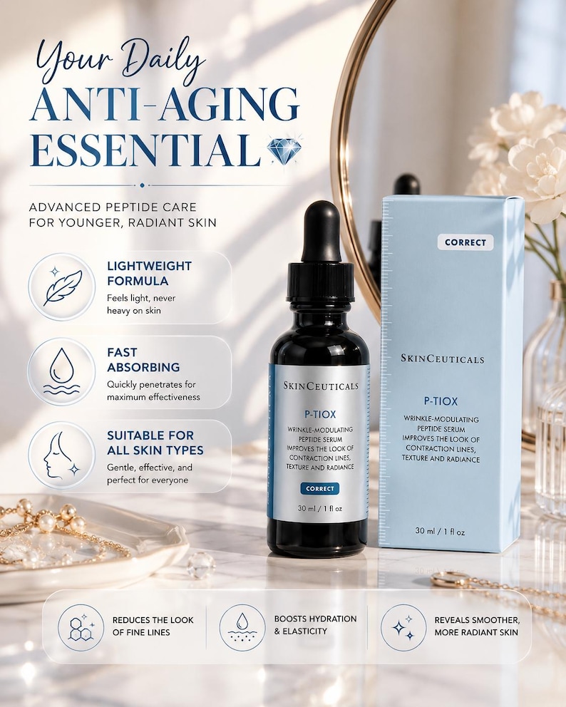 May include: A black skincare serum bottle with a dropper, and a light blue box, both labeled "P-TIOX" and "SkinCeuticals." The text on the bottle and box describes the product as a wrinkle-modulating peptide serum. The image also includes text that says "Your Daily Anti-Aging Essential."