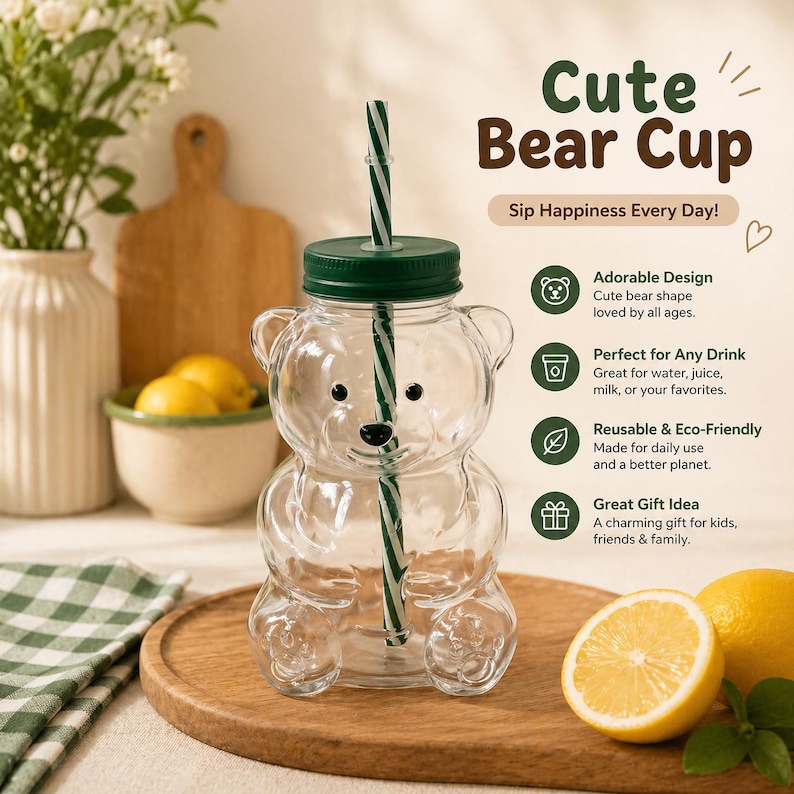 May include: A clear, bear-shaped cup with a green lid and a striped straw. The text "Cute Bear Cup" and "Sip Happiness Every Day!" are displayed. The cup is on a wooden tray with lemons.