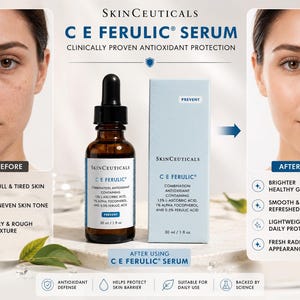 May include: An advertisement for SkinCeuticals C E Ferulic Serum. The image shows a brown glass bottle with a black dropper, a product box, and before/after images of a woman's face. The text highlights antioxidant protection and skin benefits.