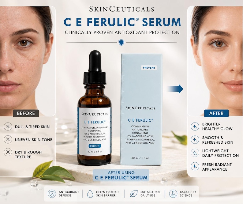 May include: An advertisement for SkinCeuticals C E Ferulic Serum. The image shows a brown glass bottle with a black dropper, a product box, and before/after images of a woman's face. The text highlights antioxidant protection and skin benefits.