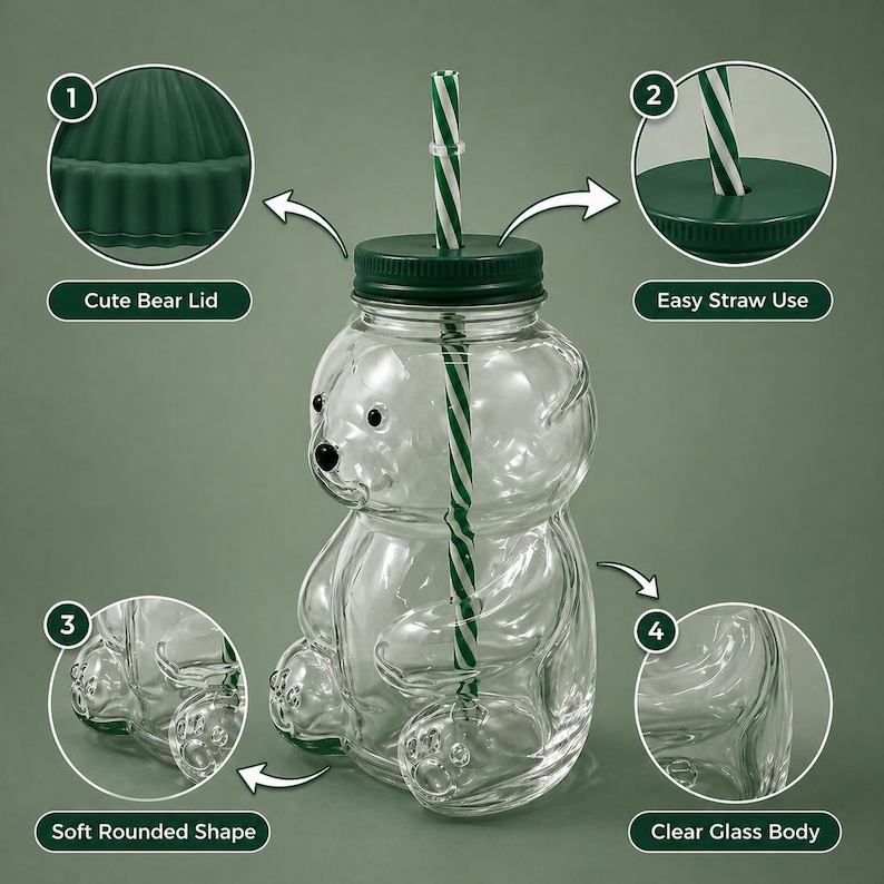 May include: A clear glass bear-shaped drinking jar with a green lid and a green and white striped straw. The jar has a soft, rounded shape and is designed for easy straw use. The lid is labeled "Cute Bear Lid".