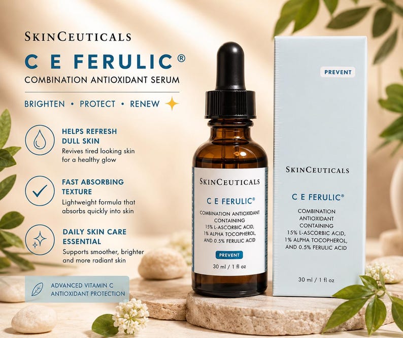 May include: A skincare product advertisement featuring a brown glass bottle with a dropper and a light blue box. The bottle and box display the product name "CE Ferulic" and information about its antioxidant properties. The bottle contains 30 ml / 1 fl oz.