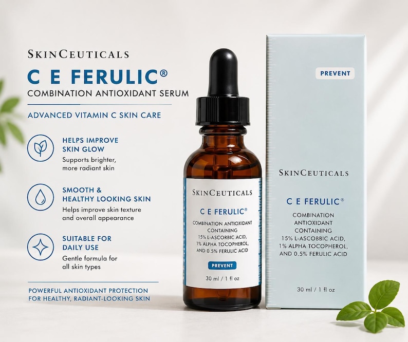 May include: A brown glass bottle of SkinCeuticals C E Ferulic Combination Antioxidant Serum with a black dropper. The product is displayed next to its light blue box, which reads "Prevent". The label lists ingredients and benefits for skin.