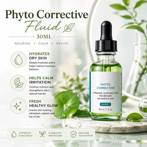 May include: A glass bottle of Phyto Corrective Fluid with a black dropper, containing a green liquid. The label reads "Phyto Corrective" and "30ml". The image includes green leaves and text that says "Hydrates Dry Skin".