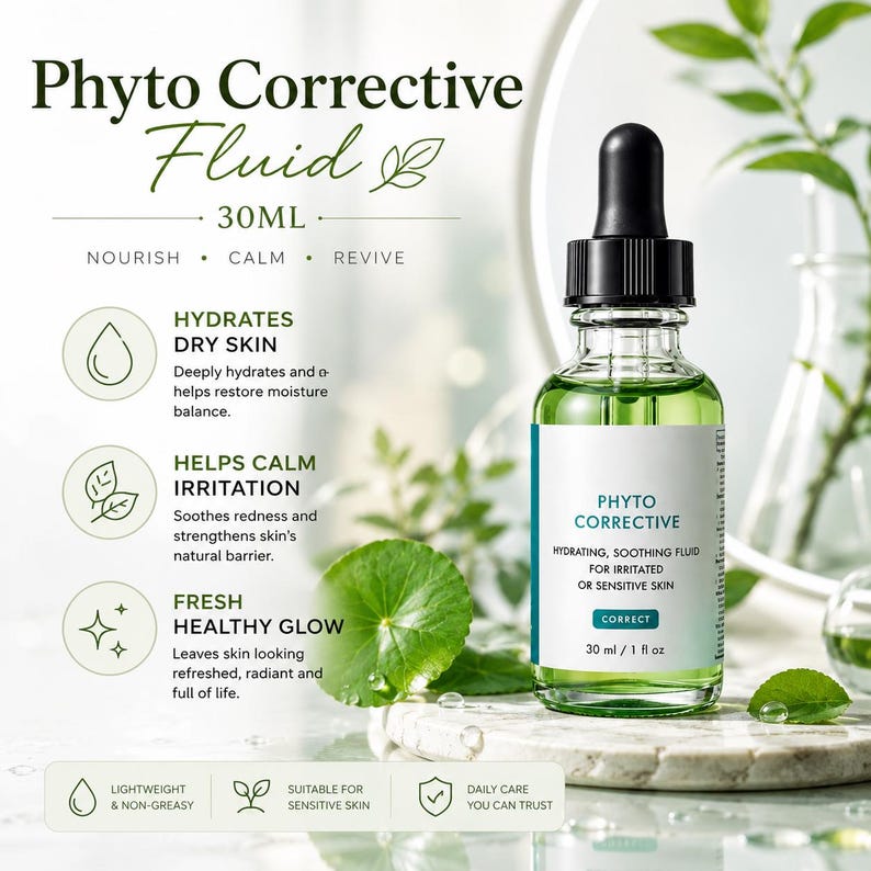May include: A glass bottle of Phyto Corrective Fluid with a black dropper, containing a green liquid. The label reads "Phyto Corrective" and "30ml". The image includes green leaves and text that says "Hydrates Dry Skin".