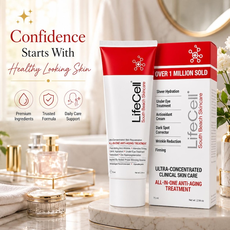 Pu&ograve; includere: Un tubo e una scatola bianchi e rossi di trattamento anti-et&agrave; LifeCell South Beach Skincare. La confezione presenta testo tra cui 'Over 1 Million Sold', 'Ultra-Concentrated Clinical Skin Care' ed elenca benefici come idratazione e riduzione delle rughe.