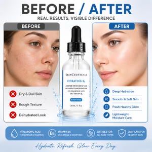 May include: A skincare product bottle with a black dropper is centered between two images of a woman's face, labeled "Before" and "After." The bottle is labeled "Hydrating B5" and contains 30 ml / 1 fl oz. Text highlights benefits like deep hydration and smooth skin.