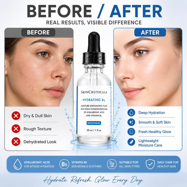 May include: A skincare product bottle with a black dropper is centered between two images of a woman's face, labeled "Before" and "After." The bottle is labeled "Hydrating B5" and contains 30 ml / 1 fl oz. Text highlights benefits like deep hydration and smooth skin.