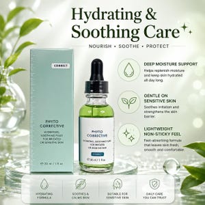 May include: A green glass bottle of Phyto Corrective hydrating and soothing fluid for irritated or sensitive skin. The bottle has a black dropper and a white label with text. The product is 30 ml. The packaging includes text: Hydrating & Soothing Care.