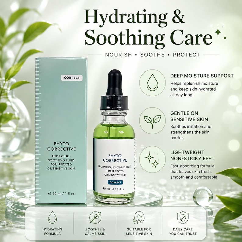 May include: A green glass bottle of Phyto Corrective hydrating and soothing fluid for irritated or sensitive skin. The bottle has a black dropper and a white label with text. The product is 30 ml. The packaging includes text: Hydrating & Soothing Care.