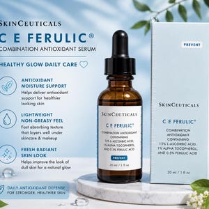 May include: A brown glass bottle of SkinCeuticals C E Ferulic serum with a black dropper, and a matching box. The product is designed for daily antioxidant defense and healthy skin. The bottle contains 30 ml / 1 fl oz.