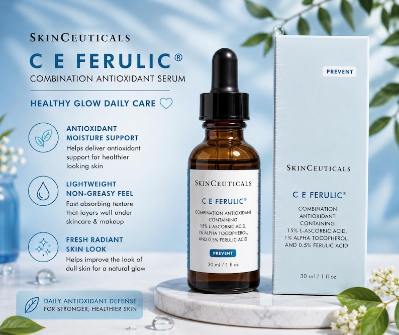 May include: A brown glass bottle of SkinCeuticals C E Ferulic serum with a black dropper, and a matching box. The product is designed for daily antioxidant defense and healthy skin. The bottle contains 30 ml / 1 fl oz.
