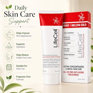 Pu&ograve; includere: Un tubetto bianco e rosso di trattamento anti-et&agrave; LifeCell South Beach Skincare accanto alla sua scatola. La confezione riporta scritte come Ultra-Concentrated Skin Rejuvenation, All-In-One Anti-Aging Treatment e un contenuto netto di 75 ml.