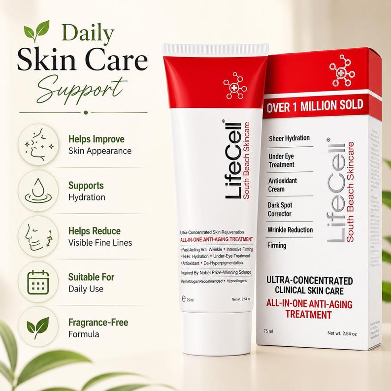Pu&ograve; includere: Un tubetto bianco e rosso di trattamento anti-et&agrave; LifeCell South Beach Skincare accanto alla sua scatola. La confezione riporta scritte come Ultra-Concentrated Skin Rejuvenation, All-In-One Anti-Aging Treatment e un contenuto netto di 75 ml.
